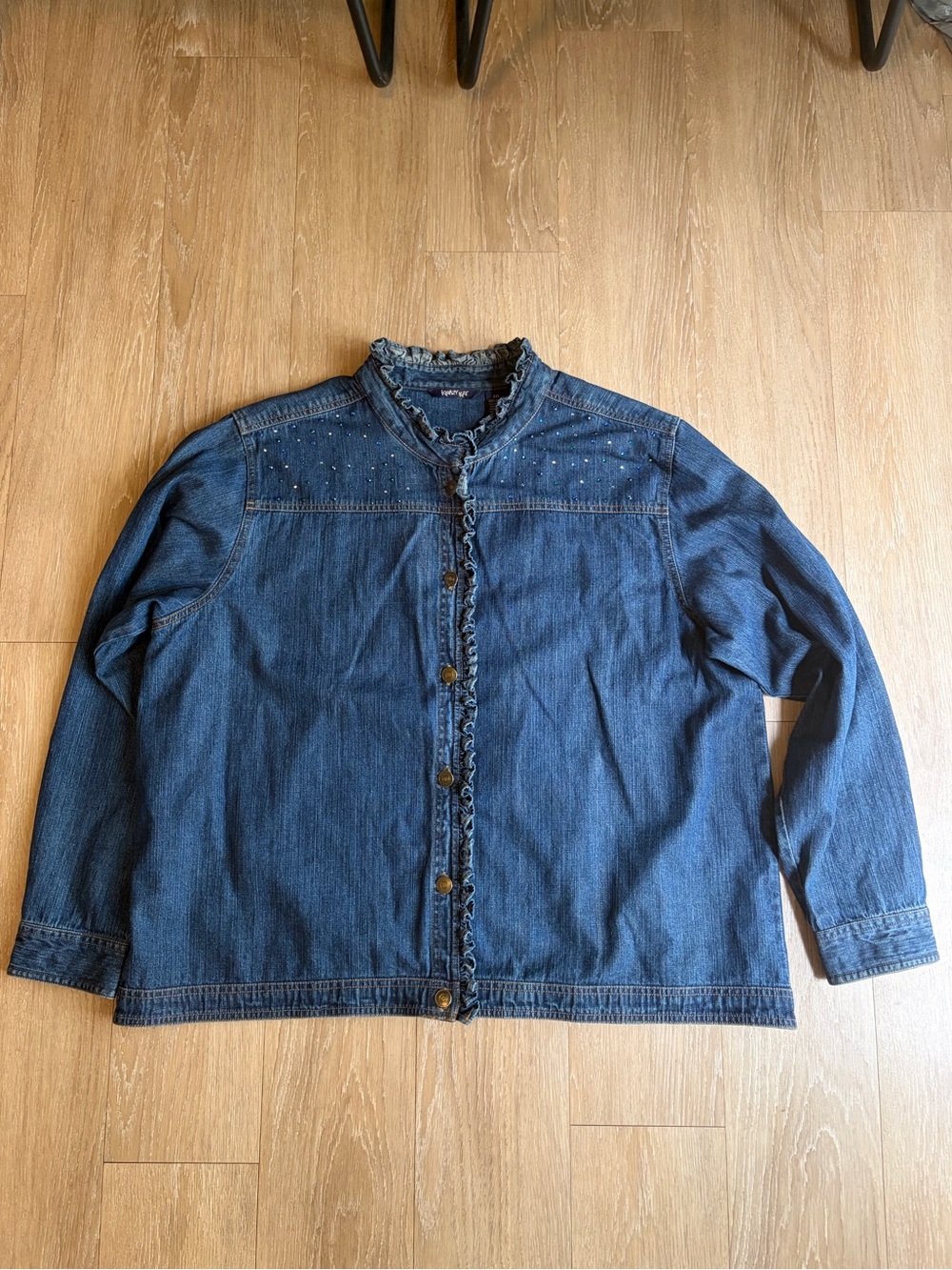 Y2K Krazy Kat Dark Blue Denim Jacket with Ruffle Trim & Jewel Details